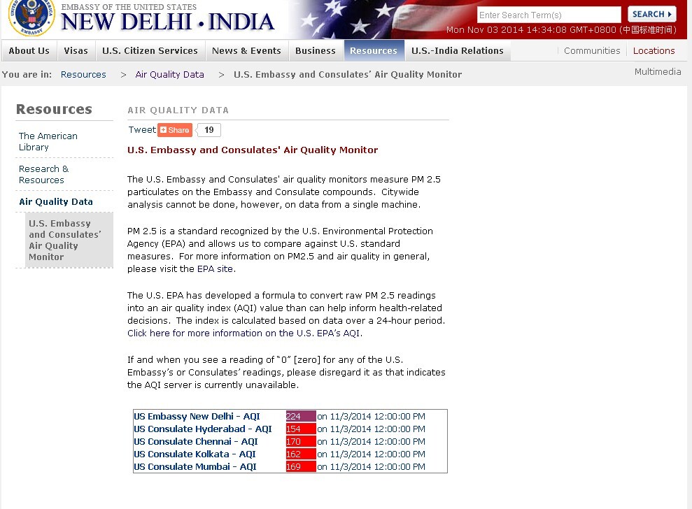 美使馆公布印度PM2.5 新德里属“非常不健康”