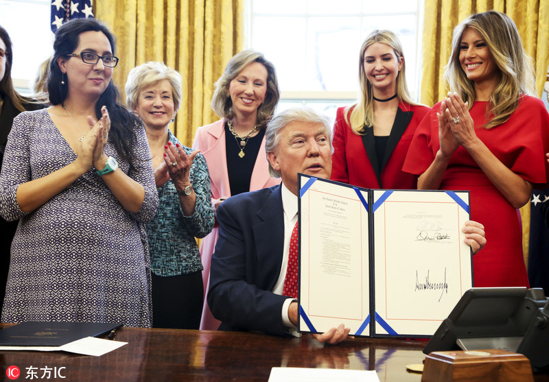 特朗普签署法案身边美女环绕 第一夫人和伊万卡着红衣吸睛