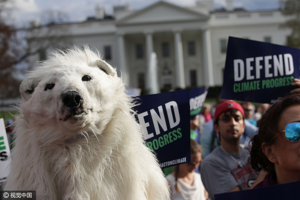 美环保人士集会抗议特朗普气候政策 “北极熊”到场助阵