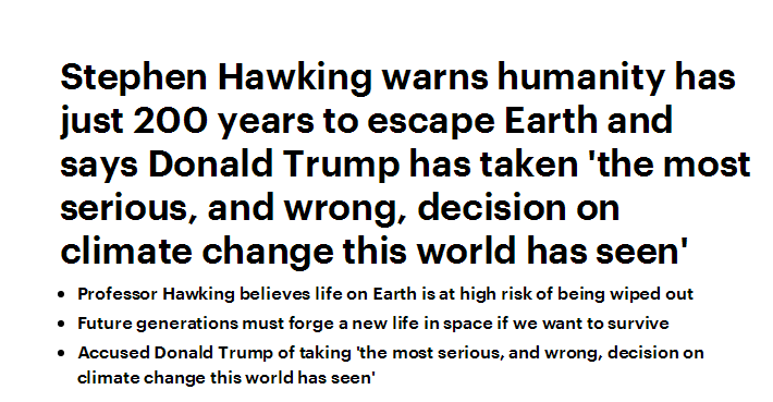 霍金再发警告：人类只剩不到200年逃离地球