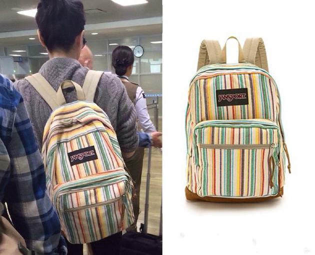 王菲背jansport条纹双肩背