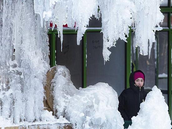 美国纽约市布莱恩特公园喷泉悬挂着厚厚的冰挂。(新华/美联)