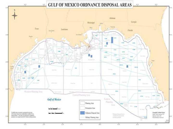 一份关于墨西哥湾已知部分军火武器位置的地图显示,这些炸弹或炸弹图片