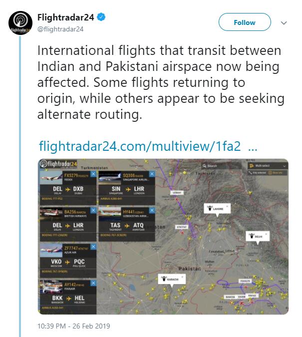 国际航班跟踪网站：印巴冲突影响国际航班 正返航或调整航线