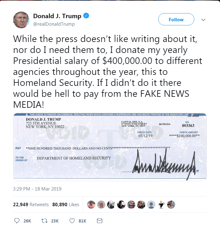 特朗普推特晒支票：我的总统工资都捐了