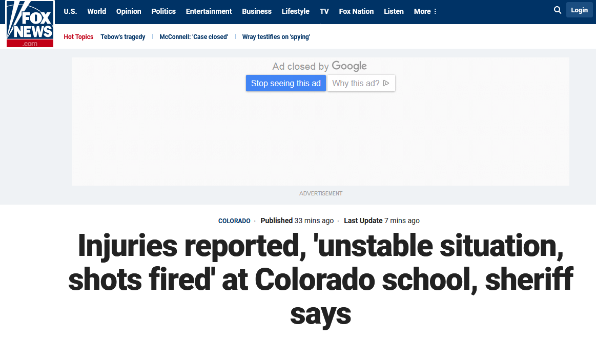 美国科罗拉多州一所学校发生枪击事件 至少8人受伤