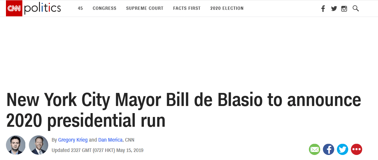 美媒：纽约市长白思豪16日将宣布加入2020总统选举