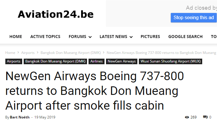 波音飞机又出事，曼谷飞无锡航班客舱冒烟被迫返航