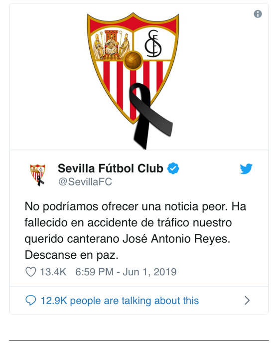 西班牙球员雷耶斯因车祸去世 年仅35岁