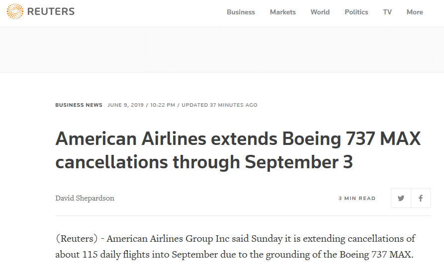 美国航空公司：将波音737MAX停飞时间延长至9月3日