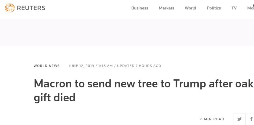 送给特朗普的“友谊之树”死了，马克龙：再送他一棵，算不上
