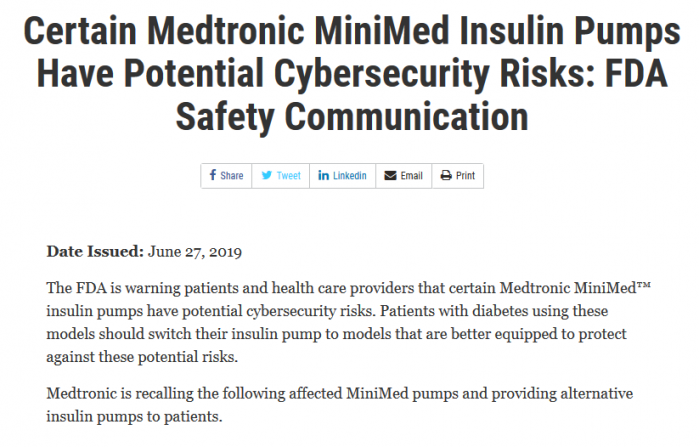 FDA警告黑客攻击风险 美敦力召回MiniMed胰岛素泵