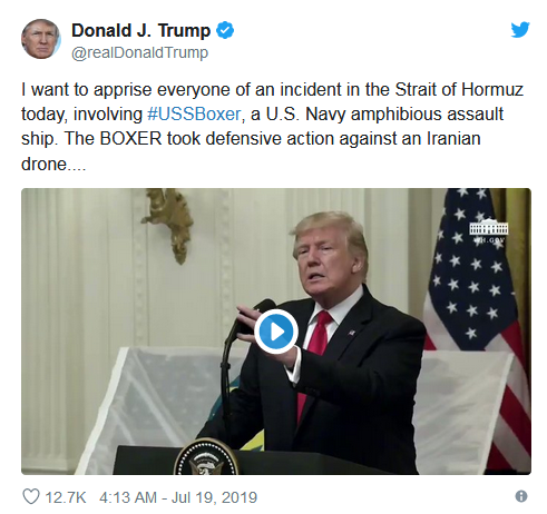 特朗普炫耀“击落伊朗无人机”，伊朗外长推特上发了张意味深