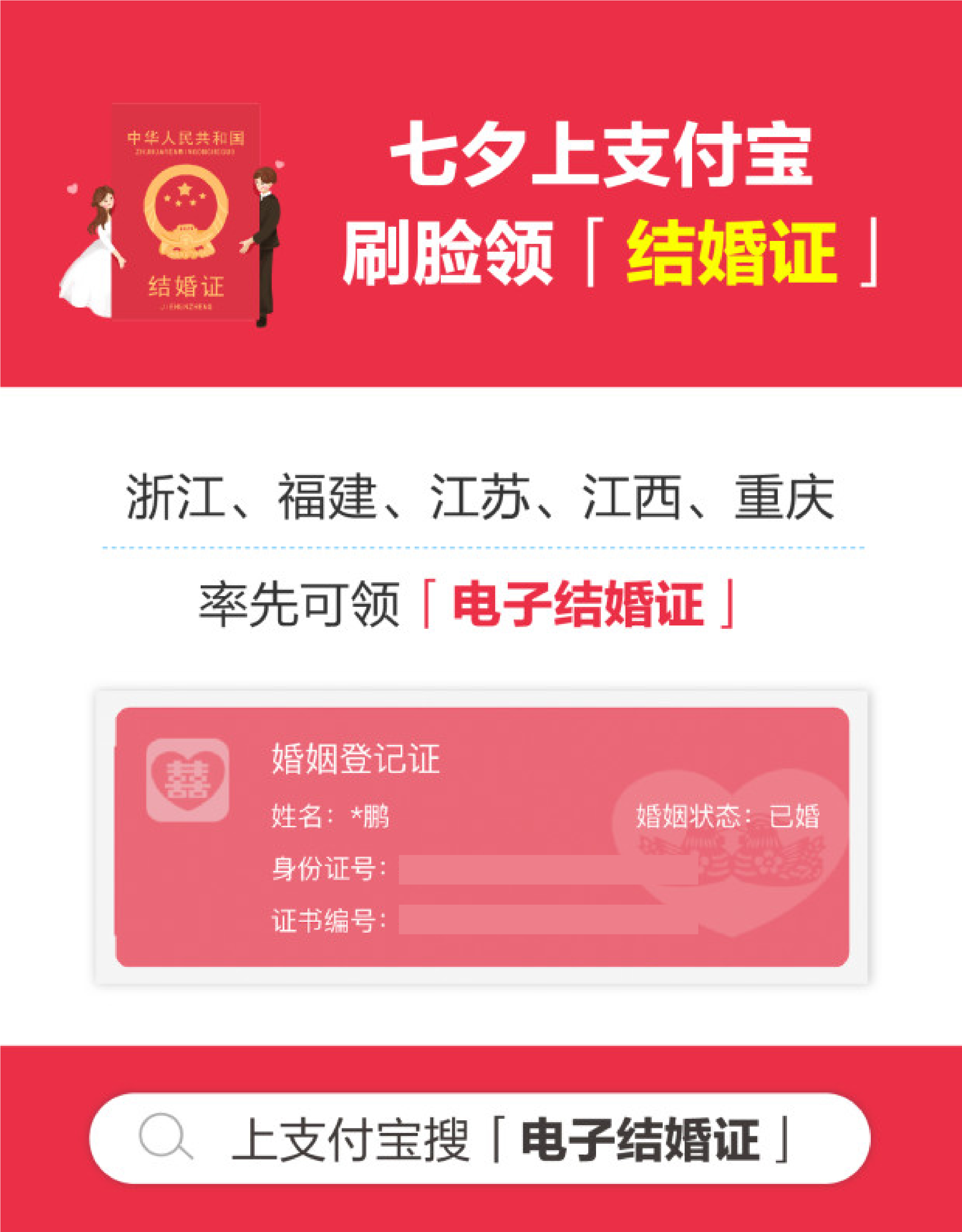 上支付宝搜“电子结婚证” 福建、江西、江苏、浙江、重庆5省市首批支持