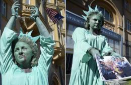 俄女子扮自由女神 美使馆前抗议美暴行