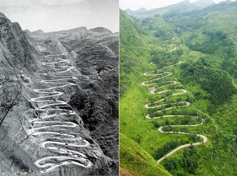 左图：1945年3月，美国援华运送物资的车队途经贵州晴隆“二十四道拐”盘山公路时的情景（资料照片，陈亚林提供）。右图：2015年6月24日拍摄的二十四道拐”。