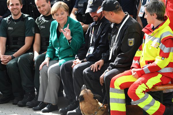 德国总理默克尔慰问G20安保人员 与警犬搞笑互动