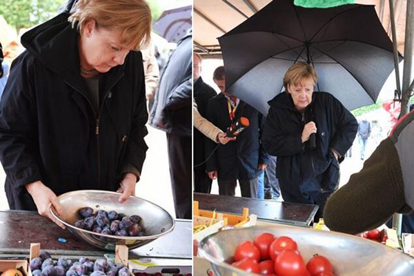 德国总理默克尔集市发表演讲 结束顺道买水果