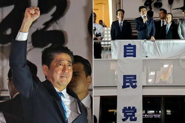日本首相安倍晋三在东京街头演讲 握拳高挥